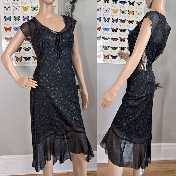 NWT Vintage 90s y2k Rampage Midi Dress Black Glitter Fairy Whimsygoth XL - Picture 13 of 13